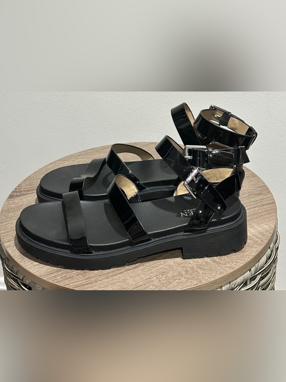 Ralph Lauren Kayleen Black Patent Leather Strappy Ankle Sandals - Picture 6 of 14